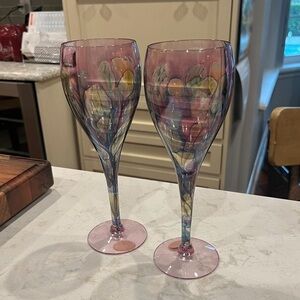Stunning Vintage watercolor  RUEVEN Nouveau Art wine Glass set. Set of 2.